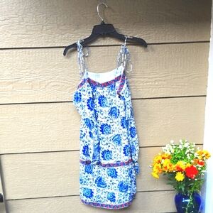 RARE Anthropologie Pepin Blue Crepe Print Cold Shoulder Dress Zero
